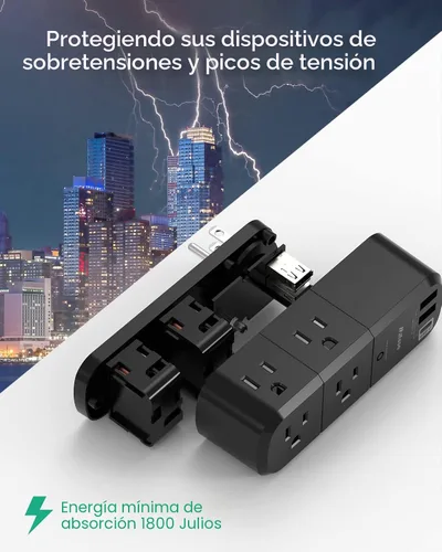 Vista 4 de Mifaso - Extensor de tomacorriente USB, protector de sobretensiones con enchufe giratorio, 1800 julios, 6 tomas de corriente alterna y 3 puertos USB