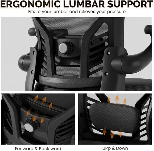 Vista 4 de Silla de escritorio para computadora con ruedas, silla de oficina de malla con brazos abatibles, soporte lumbar ajustable, silla de escritorio Negro