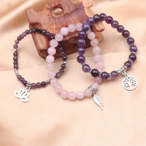 Vista 3 de UEUC - Pulseras Reiki, apilables, de piedras curativas, cristales, con dije del árbol de la vida, yoga y hoja de loto, contra la ansiedad