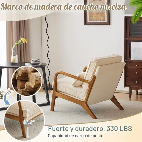 Vista 4 de VINGLI Silla de Acento de Pana Premium Mejorada, Silla con Reposabrazos Tapizada, Cómoda Silla de Lectura de Madera Maciza con Almohada Lumbar