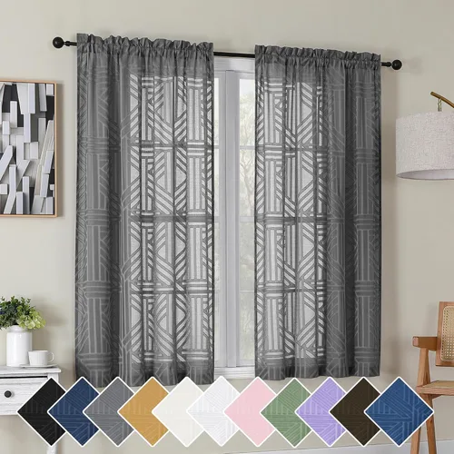 Vista 19 de Simplebrand Cortinas traslúcidas negras de cocina de 24 pulgadas de largo, 2 paneles, filtrado de luz, geométrico jacquard con textura, cortinas