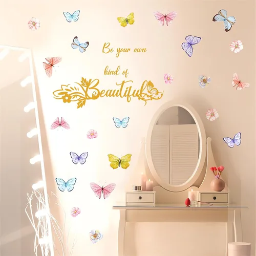 Vista 2 de Calcomanías de pared con eslogan de mariposas coloridas, hermosas calcomanías de pared extraíbles de vinilo extraíble para sala de estar