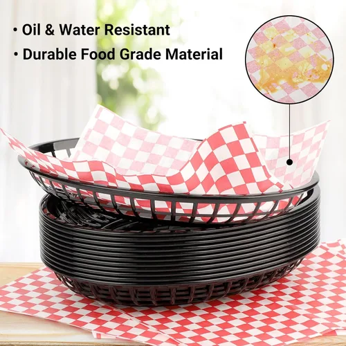 Vista 5 de EUSOAR Cestas de comida con papel pergamino, 12 cestas de plástico negro de 11.8 x 8.9 pulgadas para servir alimentos y 10 x 11 pulgadas, 100 forros