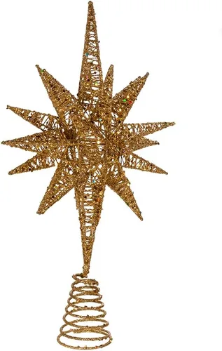 Vista 2 de Kurt Adler Estrella 3D de Alambre con Purpurina Dorada Sin Luz para Copa del Árbol, 16.5 pulgadas de largo, Tono Dorado, Metal, Decoración Navideña
