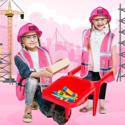 Vista 6 de Handepo Disfraz de trabajador de la construcción con sombrero duro, chaleco de construcción, gafas, conjunto de disfraz para fiesta de cumpleaños