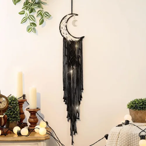 Vista 16 de Atrapasueños de luna de macramé para niña, atrapasueños de media luna azul estilo bohemio para dormitorio de adultos, adorno hecho a mano