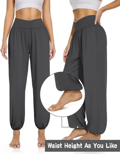 Vista 4 de UEU Pantalones deportivos de yoga con bolsillos para mujer, estilo harem cruzado, cintura alta, holgados, casuales, para descansar, para descansar