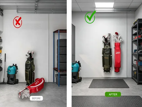 Vista 6 de BiJun Almacenamiento de bolsas de golf, soporte para bolsa de golf, soporte organizador de almacenamiento para bolsa de golf de montaje en pared