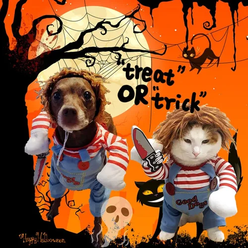 Vista 5 de Tealots Disfraz de muñeca mortal para mascota, divertido disfraz de Halloween para perro, ropa linda para perros pequeños, medianos y grandes, traje