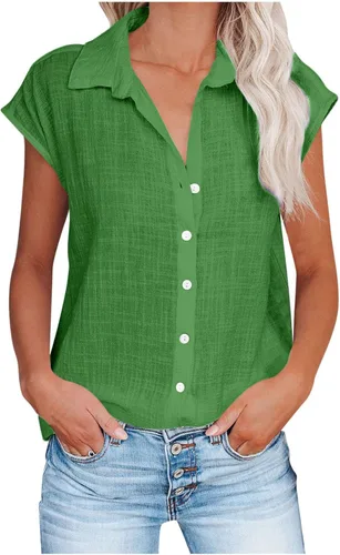 Vista 17 de Ceboyel Camisas para mujer de moda de verano, algodón, lino, manga corta, cuello con botones, blusa casual para mujer 2023