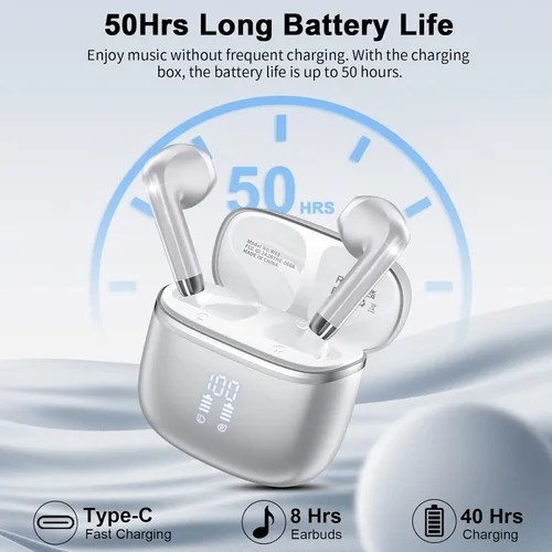 Vista 3 de Auriculares inalámbricos, Bluetooth de 5.4 pulgadas con 4 micrófonos ENC con cancelación de ruido, auriculares de 48 horas con graves profundos