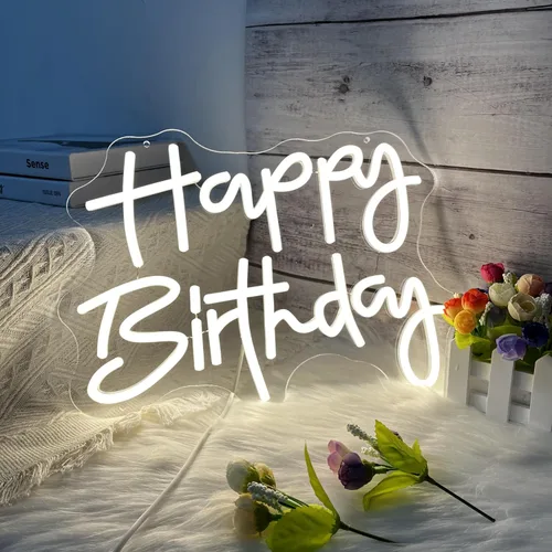 Vista 3 de Letrero de neón de feliz cumpleaños, blanco cálido, alimentación USB