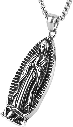 Vista 7 de HZMAN Collar colgante de acero inoxidable con cadena de trigo de acero inoxidable con cadena de trigo de Nuestra Señora de Guadalupe