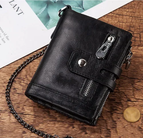 Vista 5 de TAUFE Men's Wallets, Cowhide Genuine Leather Men Wallet Coin Purse Mini Card Holder Chain Male Walet Pocket Chain