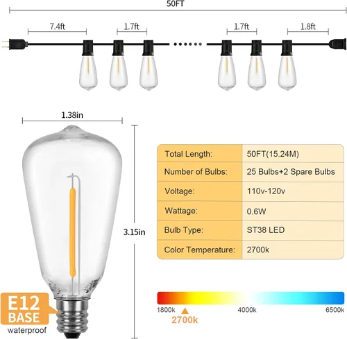 Vista 5 de ST38 - Tira de luces para exteriores, 50 pies, resistente para patio, con 26 bombillas LED regulables de plástico inastillables, ST38 de 0.6 W