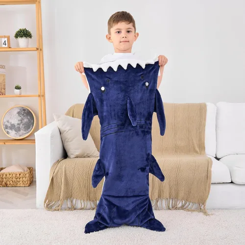 Vista 8 de Softan Manta de tiburón para niños, franela suave, juguetes para niños, manta de forro polar con cola de tiburón, azul oscuro, cálida y suave