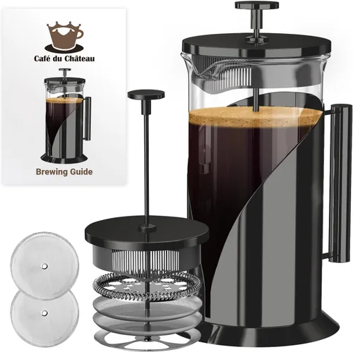 Vista 10 de Cafe Du Chateau Cafetera de prensa francesa de acero inoxidable de 34 onzas, prensa de café aislada fácil de usar con filtración de 4 niveles