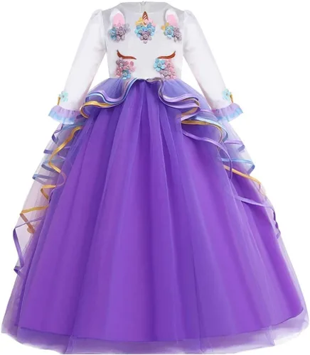 Vista 6 de REXREII Vestido largo de tul de manga larga para niñas con diadema, disfraz de Halloween, princesa, cumpleaños, Navidad, baile