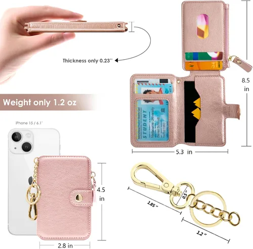 Vista 55 de Cartera con llavero, tarjetero con bloqueo RFID de piel, funda para tarjetas de crédito con cremallera para mujer