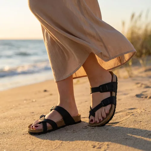 Vista 3 de CUSHIONAIRE Luna - Sandalias con plantilla de corcho para mujer con correas Negro
