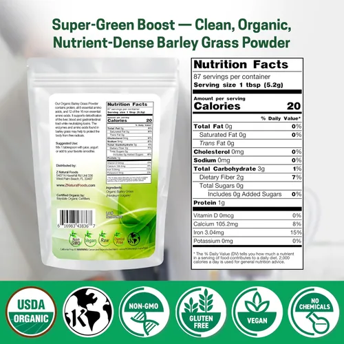 Vista 2 de Polvo de hierba de cebada orgánica, rico en antioxidantes, polvo de césped orgánico potenciador de energía, superalimento 100% natural, vegano, sin