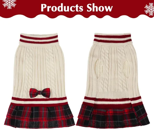 Vista 2 de PAWCHIE Vestido de suéter para perro con corbatín - Suéter de punto con cuello alto para perros pequeños, para niñas, para clima frío, con orificio