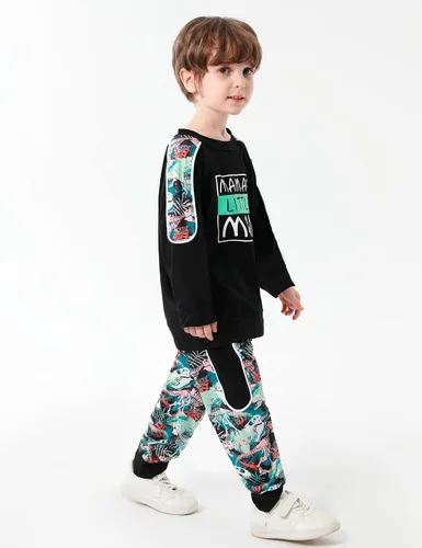 Vista 3 de KANGKANG Conjunto de sudadera de manga larga con estampado de letras para niños pequeños, conjunto de pantalones con estampado de dinosaurio
