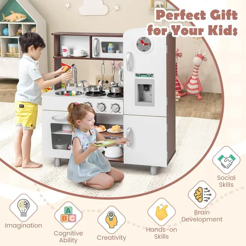 Vista 5 de Costzon Juego de cocina para niños, cocina de simulación para niños pequeños con utensilios, horno, gabinetes, grifo, fregadero, teléfono