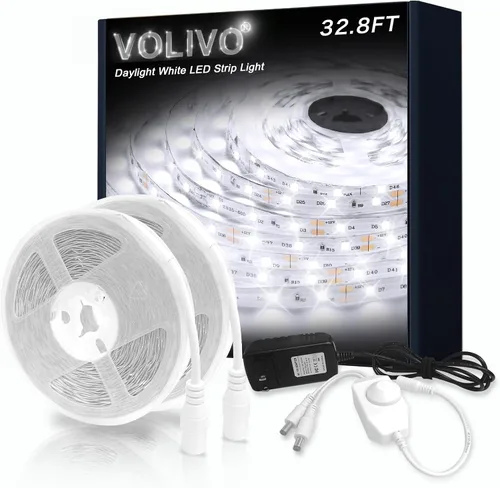 Vista 8 de VOLIVO - Tira de luces LED blancas, 16.4 pies, tira de luces LED de intensidad regulable 6500K, luz blanca brillante de día, adhesivo fuerte, tira