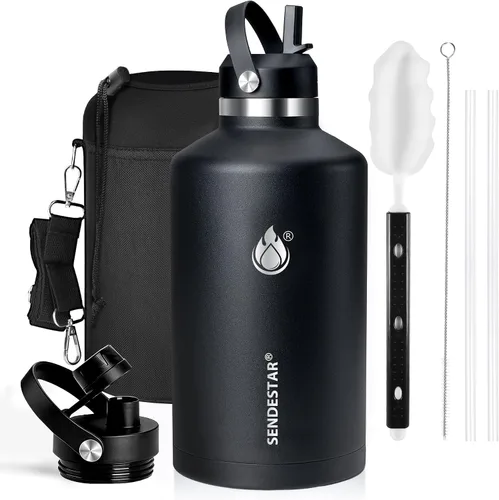 Vista 23 de SENDESTAR Botella de agua aislada de 24 onzas, boca ancha, botella de agua de 24 onzas con tapa con popote, tapa de boquilla, acero inoxidable