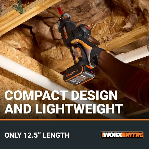 Vista 5 de WORX Sierra recíproca inalámbrica compacta de 20 V, longitud de carrera de 1 pulgada, motor sin escobillas para un 50% más de tiempo