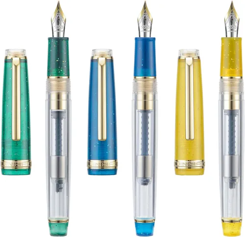 Vista 9 de 3 Jinhao 82 Pluma estilográfica acrílica transparente de color clásico mixto con punta media y borde dorado, con juego de conversor Mezcla clásica