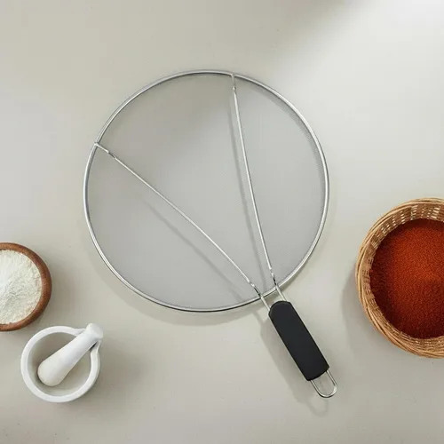 Vista 7 de Pantalla contra salpicaduras para sartén, protector de salpicaduras de grasa de acero inoxidable de 15 pulgadas con mango antideslizante, cubierta