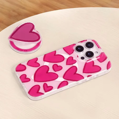 Vista 4 de Funda para iPhone 16 Pro Max, corazón rosa con agarre redondo para teléfono, compatible con soporte MagSafe para niñas y mujeres, funda protectora