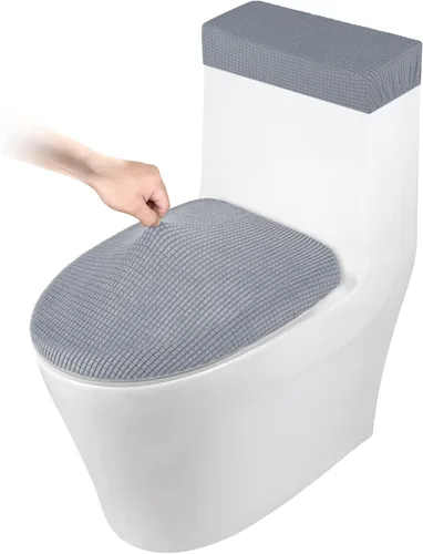 Vista 9 de Funda elástica para tapa de inodoro y funda para tanque de inodoro, juego de cubiertas elásticas para baño, tela de poliéster y elastano jacquard