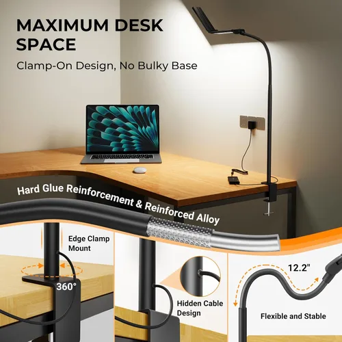 Vista 4 de Lámparas de escritorio LED para oficina en casa, lámpara de escritorio ajustable con brazo oscilante con abrazadera