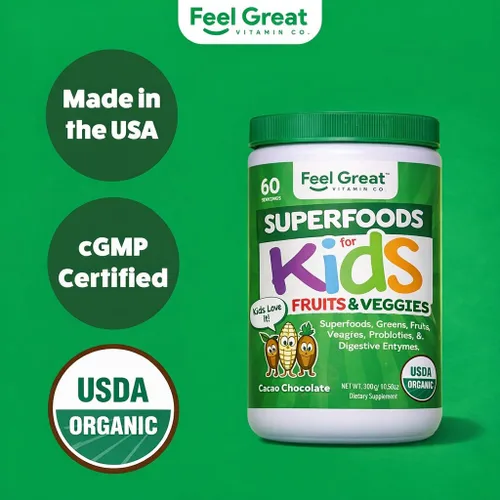 Vista 8 de Feel Great USDA Organic Super Greens para niños Polvo de verduras de chocolate vegano con polvo vegetal para niños Polvo de superalimentos