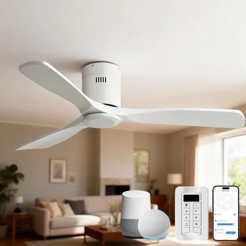 Vista 23 de Sofucor Ventiladores de techo inteligentes de 52 pulgadas con luces - montaje al ras de perfil bajo, modernos ventiladores de techo de madera maciza