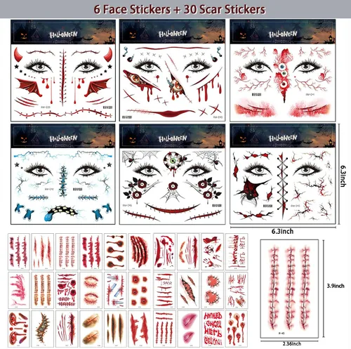 Vista 2 de Más de 260 piezas de 36 hojas de tatuajes falsos para Halloween, tatuajes de maquillaje de zombies temporales realistas, tatuajes de cicatrices