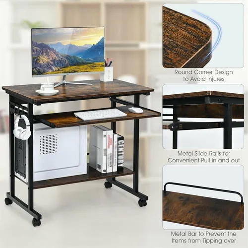 Vista 4 de Escritorio para computadora, mesa de estudio, escritorio de PC marrón rústico, carrito extraíble para laptop, estación de trabajo con bandeja