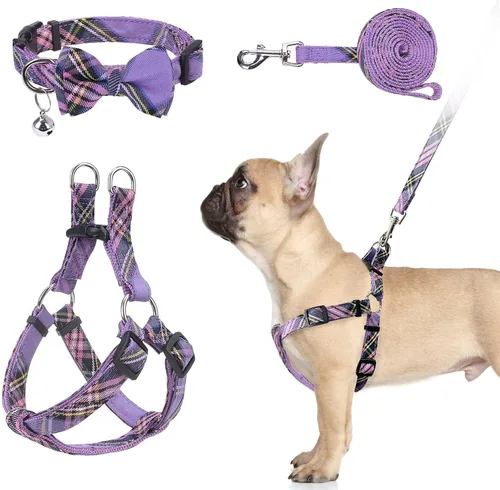 Vista 9 de Juego de arnés para perro con correa y collar de corbatín - Arnés para cachorro a cuadros beige, a prueba de escape, chaleco ajustable sin tirones