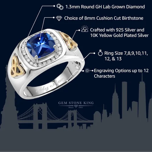 Vista 2 de Gem Stone King Men's Customized and Personalized 8MM Cushion Cut Gemstone Birthstone and White Lab Grown Diamond Ring for Men 925 Sterling Silver