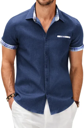 Vista 21 de COOFANDY Camisas casuales de manga corta de algodón con botones para hombre Verde militar