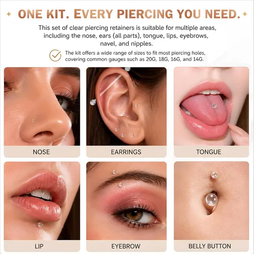 Vista 5 de Paquete de 76 Retenedores de Piercing Transparentes, Joyería Corporal Bioflex para Ceja, Labio, Septum, Nariz, Pezón, Ombligo, Lengua, Tragus Kit