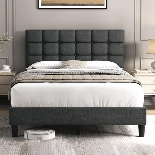 Vista 14 de Yaheetech Base de cama tapizada, moderna plataforma de cama individual con cabecera de costura cuadrada y botones, altura ajustable, soporte