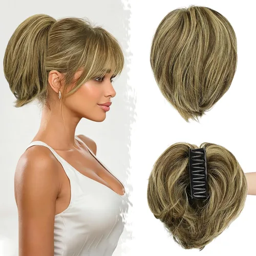 Vista 10 de BARSDAR Extensión de cabello humano corto con clip de garra con metales flexibles, cabello humano real de 8 pulgadas, extensiones de moño
