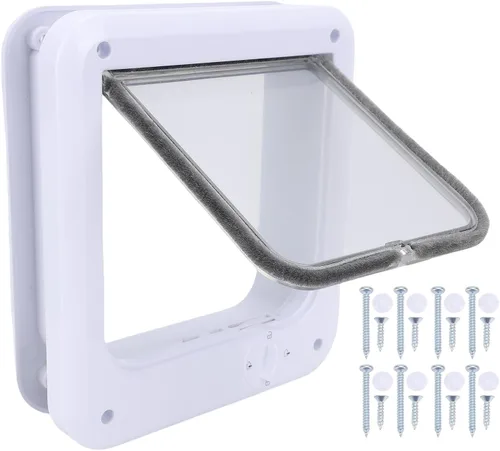 Vista 8 de Luqeeg Puerta multifuncional con solapa para mascotas, puerta de gato de 4 vías con control de PP para interior con 7 accesorios para comedero