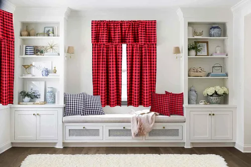 Vista 5 de Juego de cortinas de cenefa, 3 piezas de algodón a cuadros, cortinas de cocina de granja, 58" de ancho x 15" de largo, 29" de ancho x 36" de largo