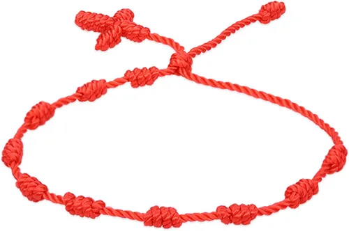 Vista 3 de Caiyao 4 pulseras hechas a mano con 7 nudos cruzados rojos para mujeres, hombres, familia, ajustable, impermeable, cadena roja, trenzada, amuleto