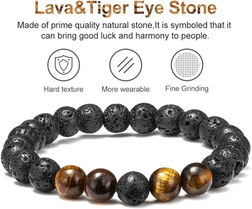 Vista 3 de M MOOHAM - Pulseras de piedra natural para hombre, ojo de tigre de 516 de pulgada, ágata mate, piedra de lava, regalos para niños y adolescentes